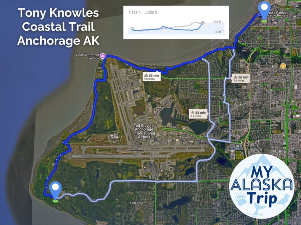 Anchorage Alaska Coast Trail Biking Map - Tony Knowles Coastal Trail route