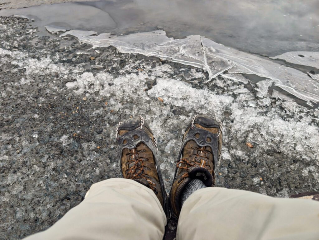 Crampons on boots at Matanuska Glacier Trail Glacier View Alaska 1