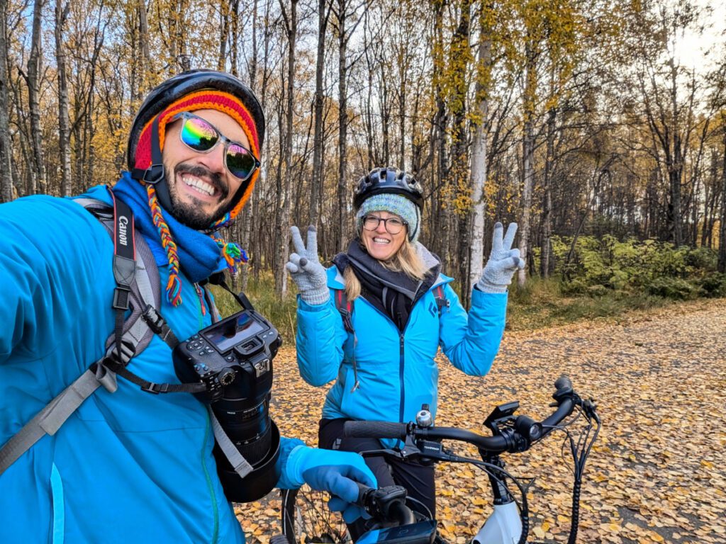 Rob Taylor and Friend Biking the Tony Knowles Coastal Trail with Fall Colors Anchorage Alaska 2