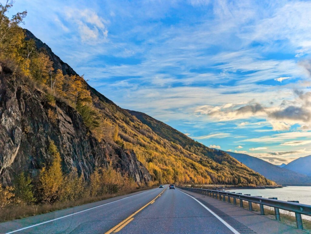 Fall Colors and road Seward Highway on Turnagain Arm near Anchorage Alaska 1