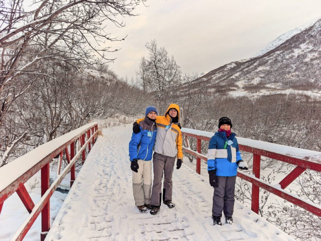 Taylor Family hiking Gold Mint Trail in the snow Hatcher Pass Palmer Alaska 1