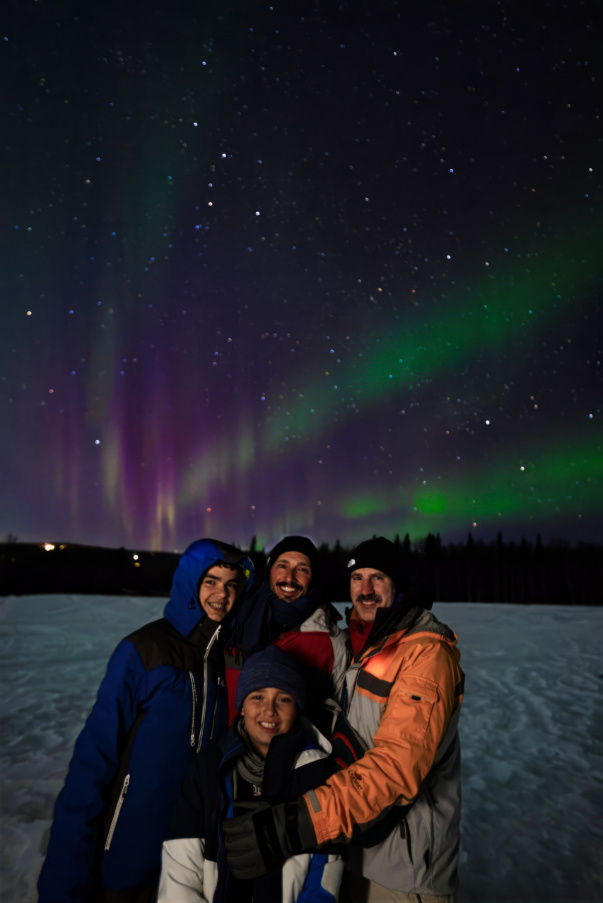 Full Taylor Family with Northern Lights Aurora Borealis at Aurora Pointe Fairbanks Alaska 1