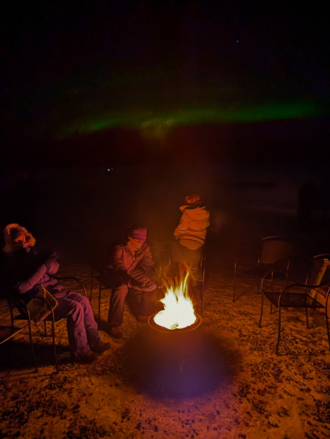 Northern Lights Aurora Borealis with Campfire at Aurora Pointe Fairbanks Alaska 1