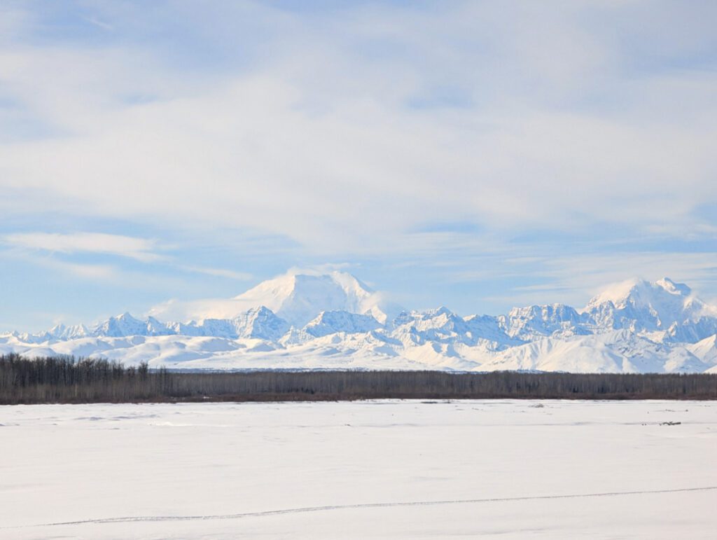 View of Mount Denali from Alaska Railroad Aurora Winter Route Train 1