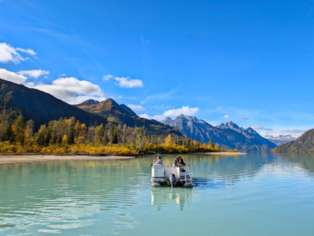 Guests on Pontoon Bear Viewing boat at Redoubt Mountain Lodge in Lake Clark National Park Alaska 1