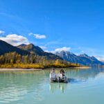 Guests on Pontoon Bear Viewing boat at Redoubt Mountain Lodge in Lake Clark National Park Alaska 1