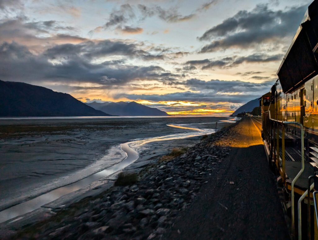 Sunset on Alaska Railroad on Turnagain Arm Anchorage Area Alaska 2