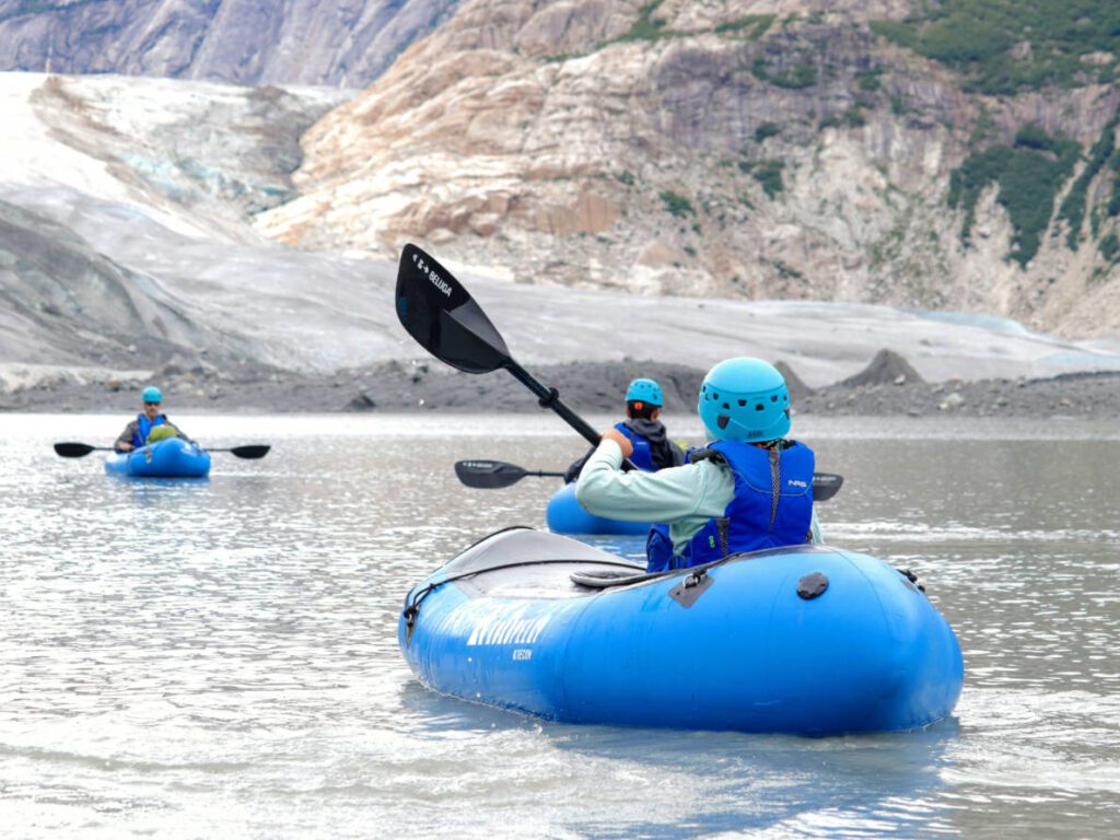 Taylor Family pack raft kayaking on Norris Glacial Lake Juneau Alaska 1