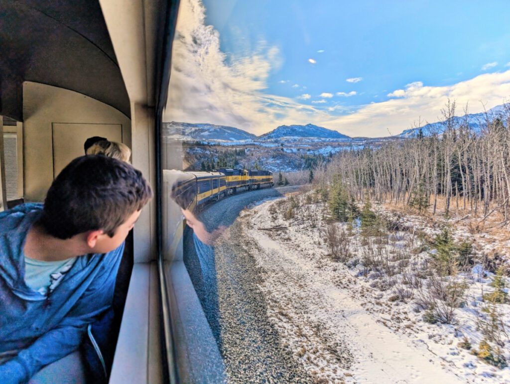 Taylor Family on Alaska Railroad Aurora Winter route from Fairbanks Alaska 2