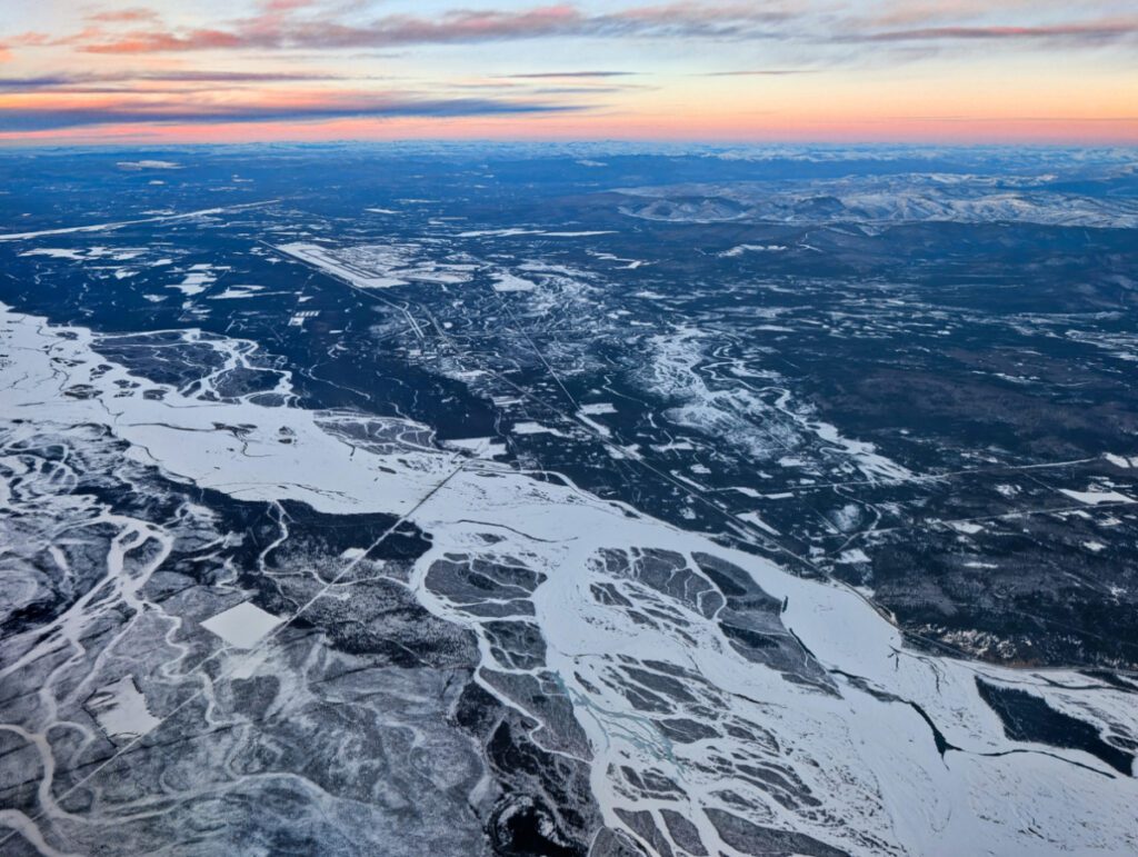 View from Airplane flying into Fairbanks Alaska in Winter 2
