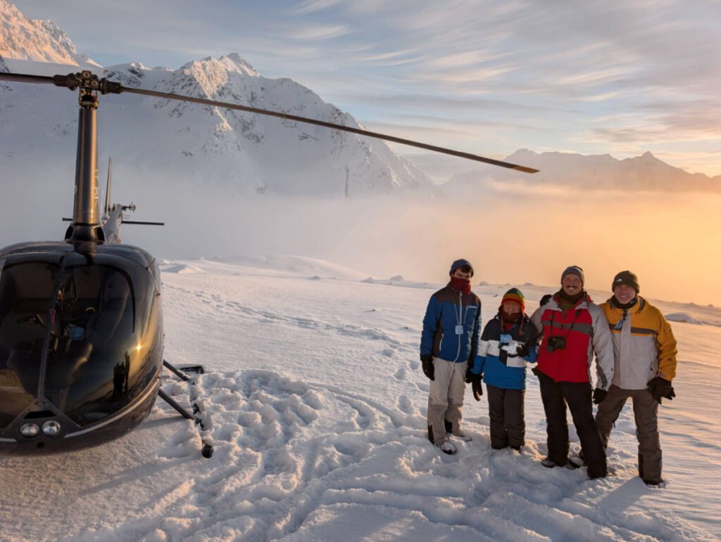 Full Taylor Family at Golden Hour on Chugach Mountains from Helicopter with Outbound Heli Adventures Palmer Alaska 1