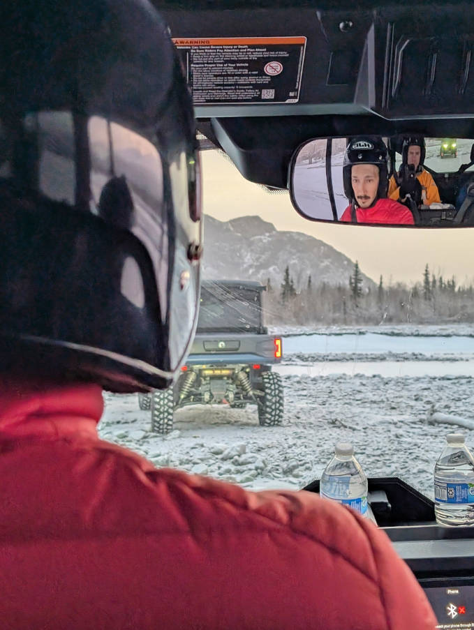 Rob Taylor in rearview mirror with Alaska Backcountry Adventures UTV Winter Tour Palmer Alaska 1