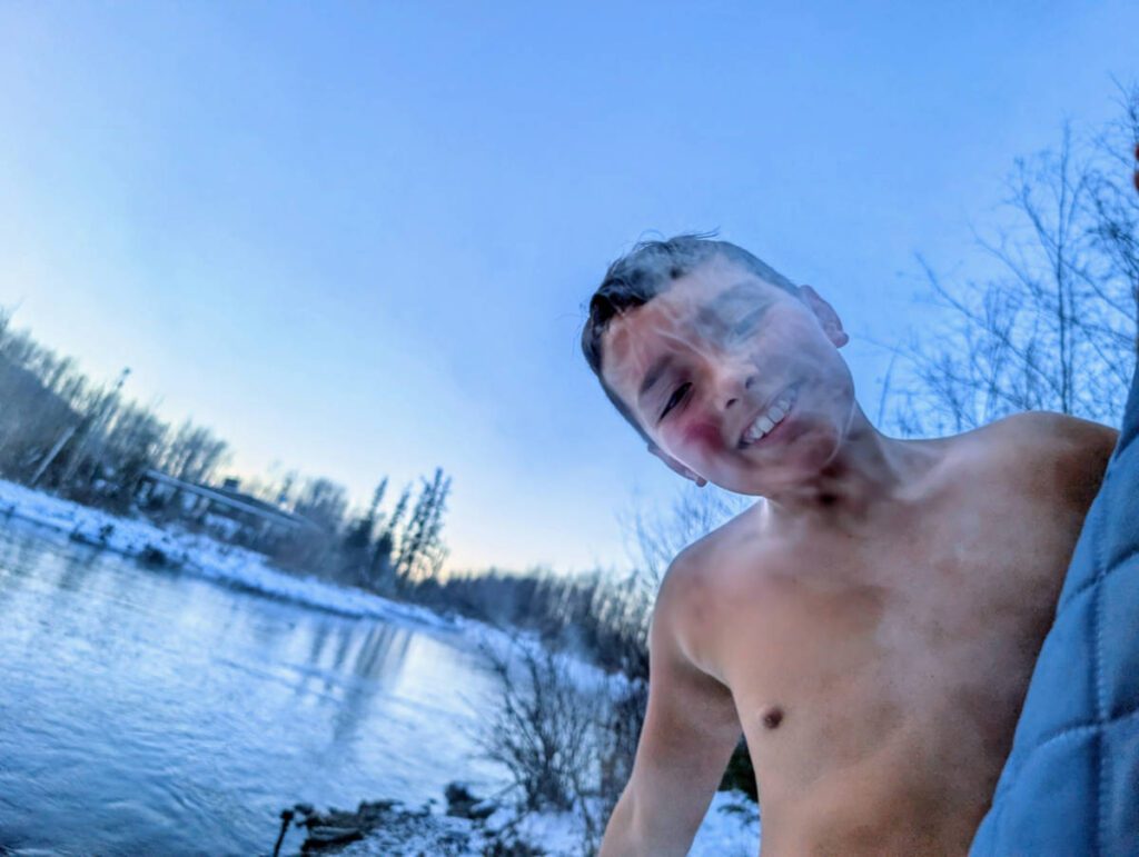 Taylor Family doing Winter sauna on Knik River with Adventures by True North AK Palmer Alaska 2