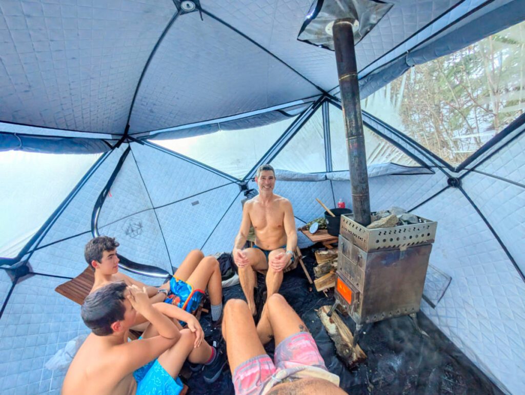 Taylor Family in winter sauna on Knik River with Adventures by True North AK Palmer Alaska 1