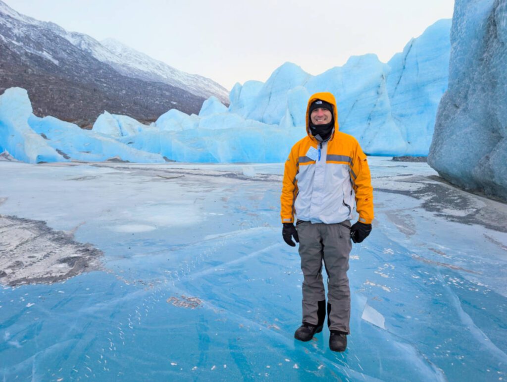 Taylor Family with Icebergs in Frozen Lake at Knik Glacier with Alaska Backcountry Adventures UTV Winter Tour Palmer Alaska 1