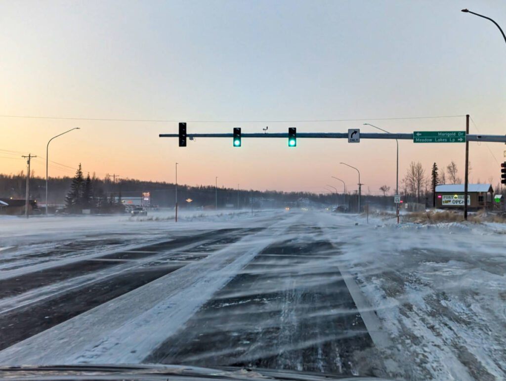 Windy Snow on Road in Winter Wasilla Alaska 1