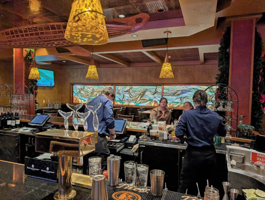 Bar and Stained Glass in Whales Tail Restaurant in Captain Cook Hotel Anchorage Alaska 1