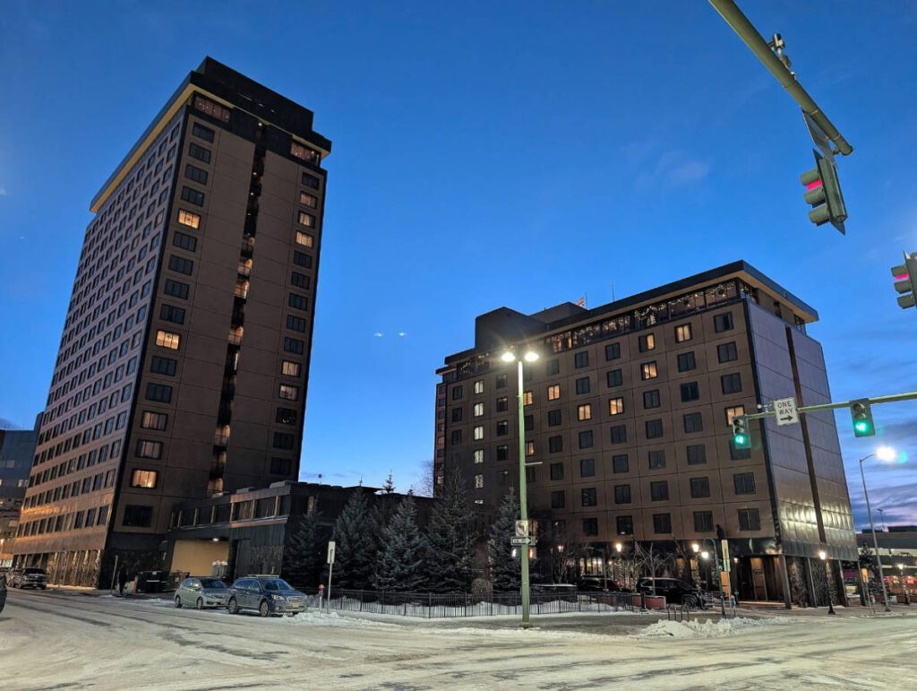 Exterior of Captain Cook Hotel in winter in Anchorage Alaska 1
