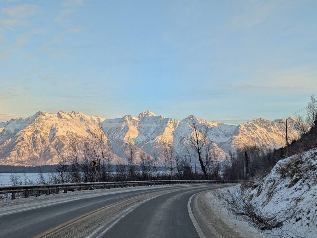 Snowy Old Glenn Highway into Palmer Alaska 1