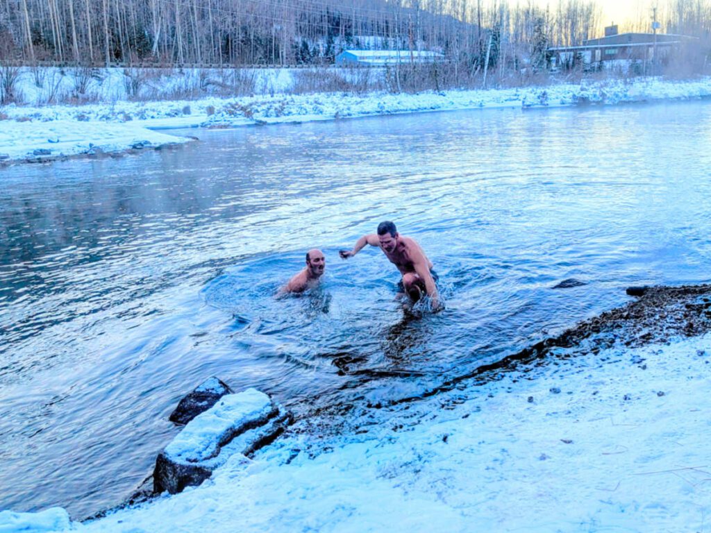 Taylor Family doing Winter sauna Cold Plunge on Knik River with Adventures by True North AK Palmer Alaska 1