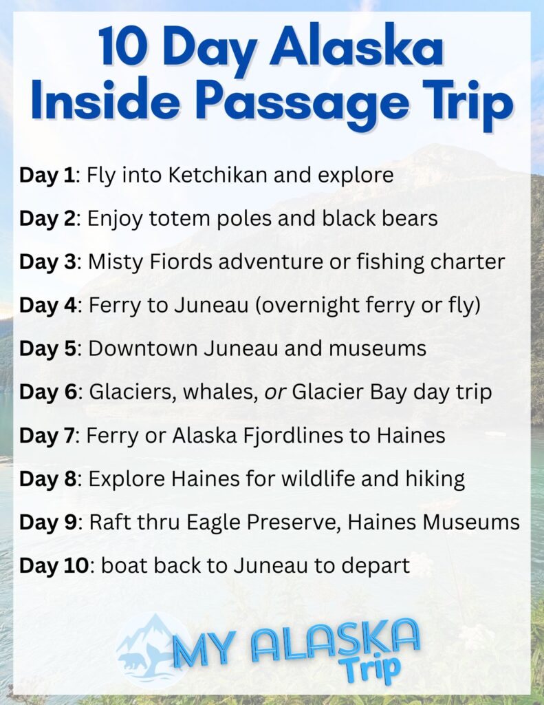 10 Day Alaska Inside Passage Itinerary traveling from Ketchikan to Haines Alaska.