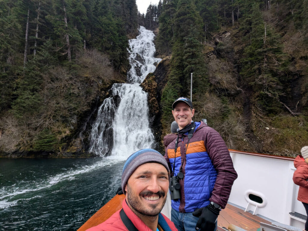 Chris and Rob Taylor at Waterfall at Red Bluff Bay with Mist Cove the Boat Company Southeast Alaska 2