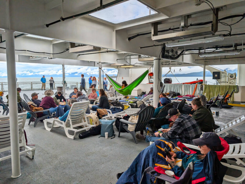 Passengers hanging out on Alaska Marine Highway Ferry Hubbard Juneau to Haines Route 3