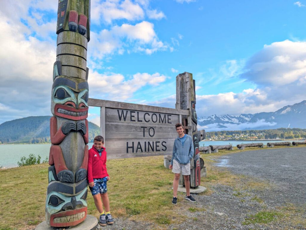 Taylor Family with Welcome to Haines Totem Pole Sign Haines Alaska 3