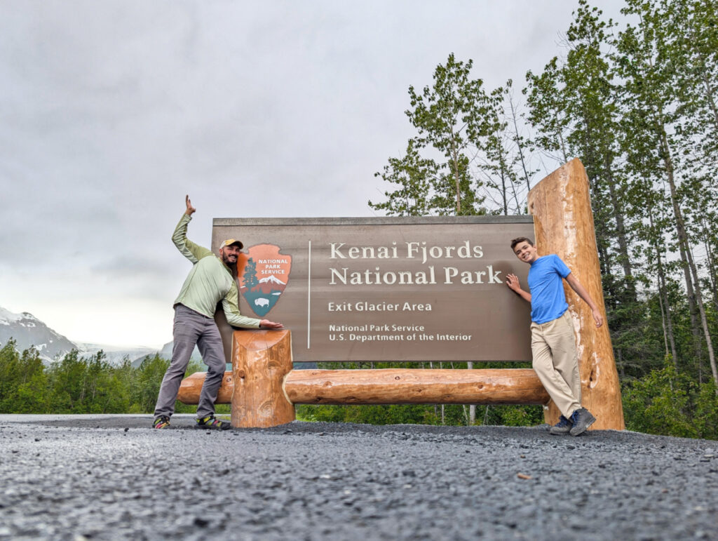 Taylor Family at Kenai Fjords National Park Entrance Sign Seward Alaska