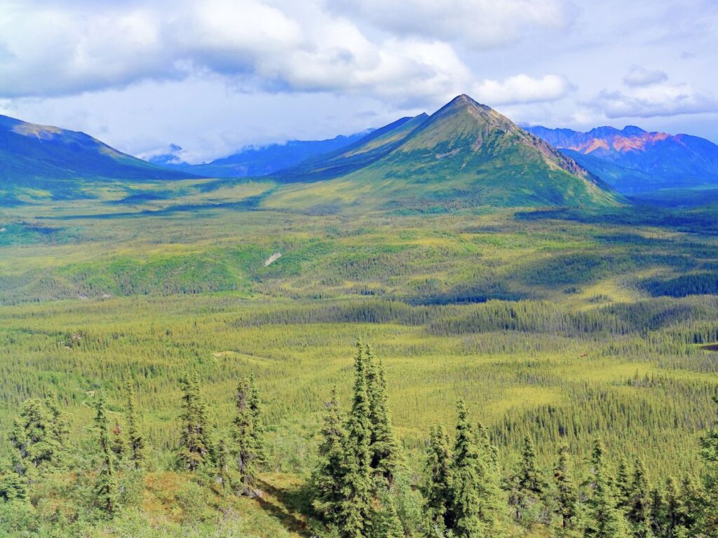 Wrangell Mountains from Nabesna Road in Wrangell St Elias National Park Alaska