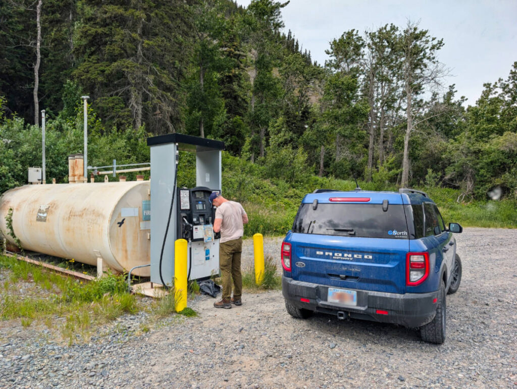 Chris Taylor getting gas with GoNorth Alaska Rental in Chitina on Edgerton Highway to McCarthy Alaska