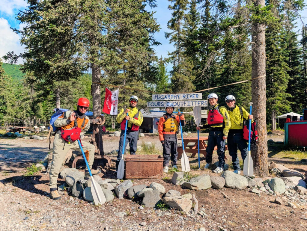 Full Taylor Family dressed in Dry Suits for Whitewater Rafting with McCarthy River Tours McCarthy Alaska