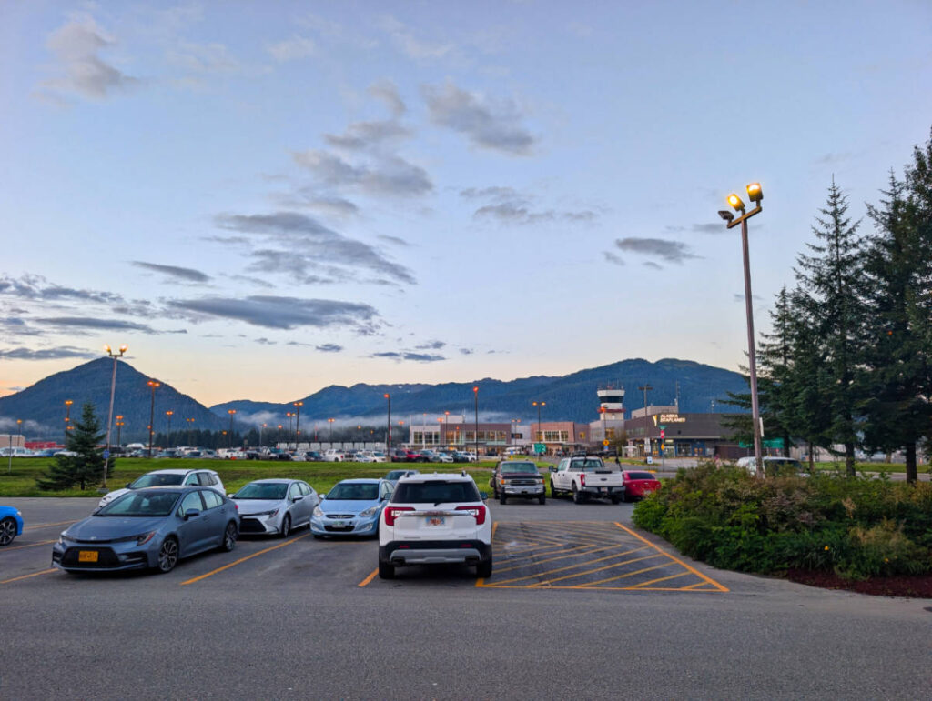 View of Juneau International Airport from entrance of Aviator Suites Hotel in Juneau Alaska