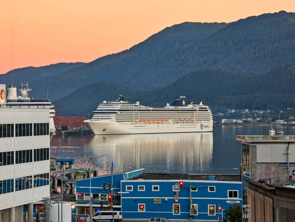 View of MSC Cruise Ship From Rooftop Deck at Silverbow Inn downtown Juneau Alaska